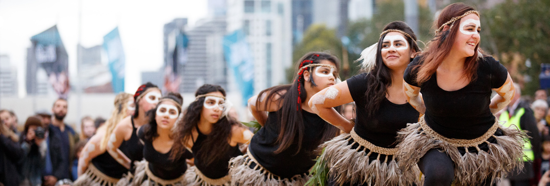 Indigenous Victorian girls dance the warrior dance at fed Square